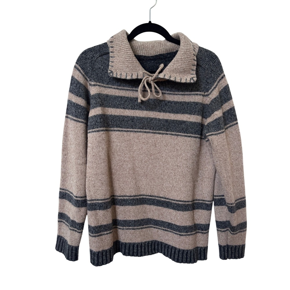 Aphrodite Striped Wool Blend Tie Collar Sweater Tan Grey Whipstitch Retro